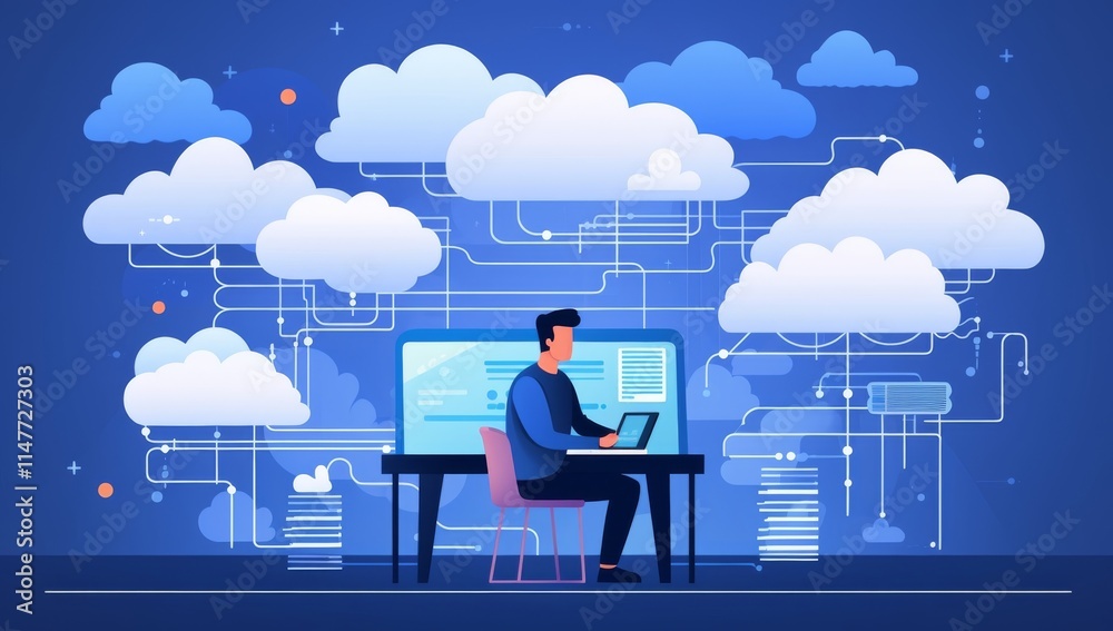 Poster cloud computing: man working with network of servers and data storage