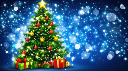 Obraz premium Glowing Christmas tree with gifts and shiny background.