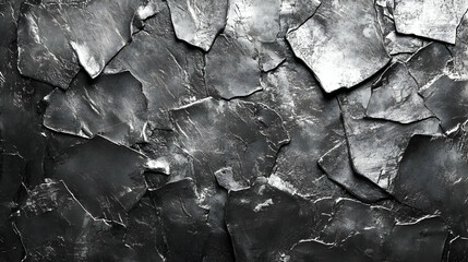 Dark Abstract Background Texture, Black and Silver Cracked Stone Illustration