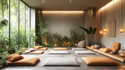 Fototapeta premium Serene meditation room, plants, cushions, floor mats.