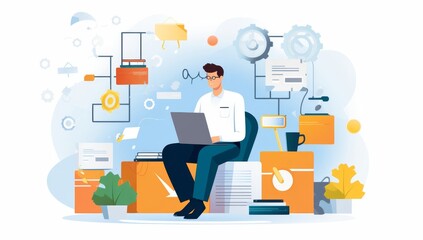 Fototapeta premium Focused Man Working on Laptop Amidst Complex Workflow