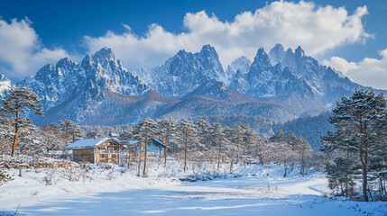 peak evening mist landscape natural view of mountain, A realistic painting showcasing a majestic mountain view, Outdoor landscapes with mountain textures with glowing snow.	
