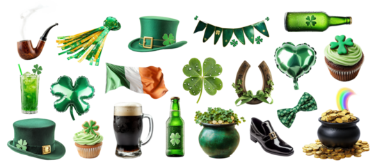 Collection of St. Patrick's Day symbols including clovers, green hat and beer
