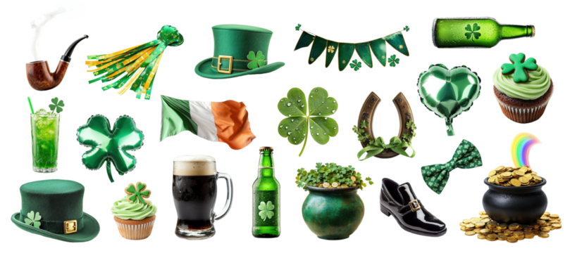 Collection of St. Patrick's Day symbols including clovers, green hat and beer