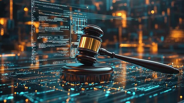 Gavel symbolizes justice with digital technology background illustrating modern legal practices and cybersecurity trends