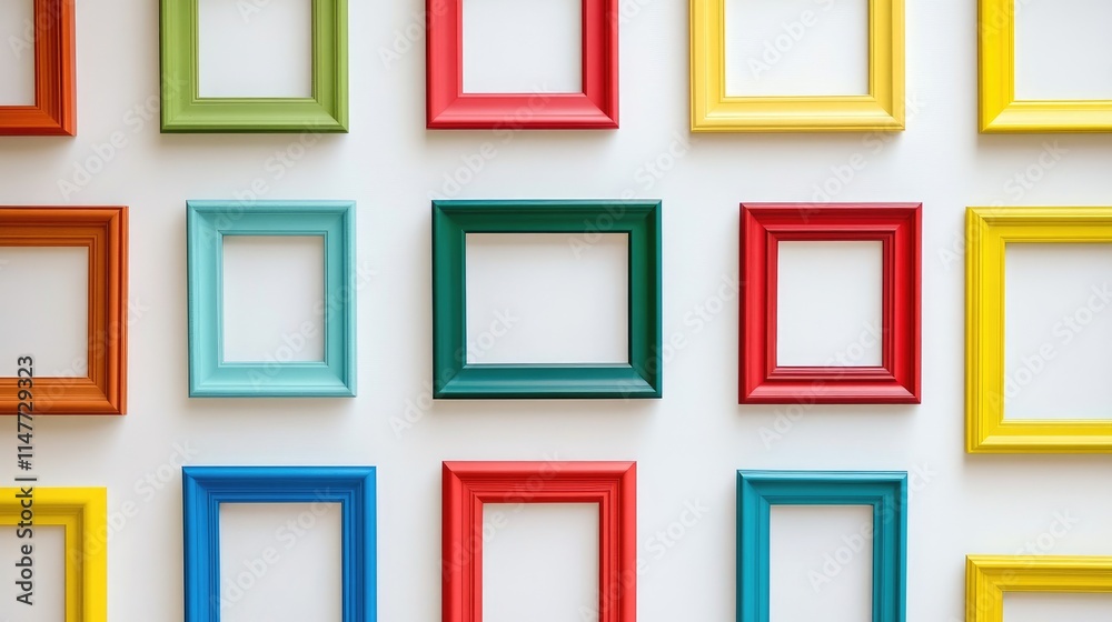 Poster a collection of colorful, empty picture frames on a white wall, emphasizing the beauty of individual