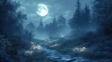 Fototapeta premium Moonlit forest path, glowing flora, mystical night.