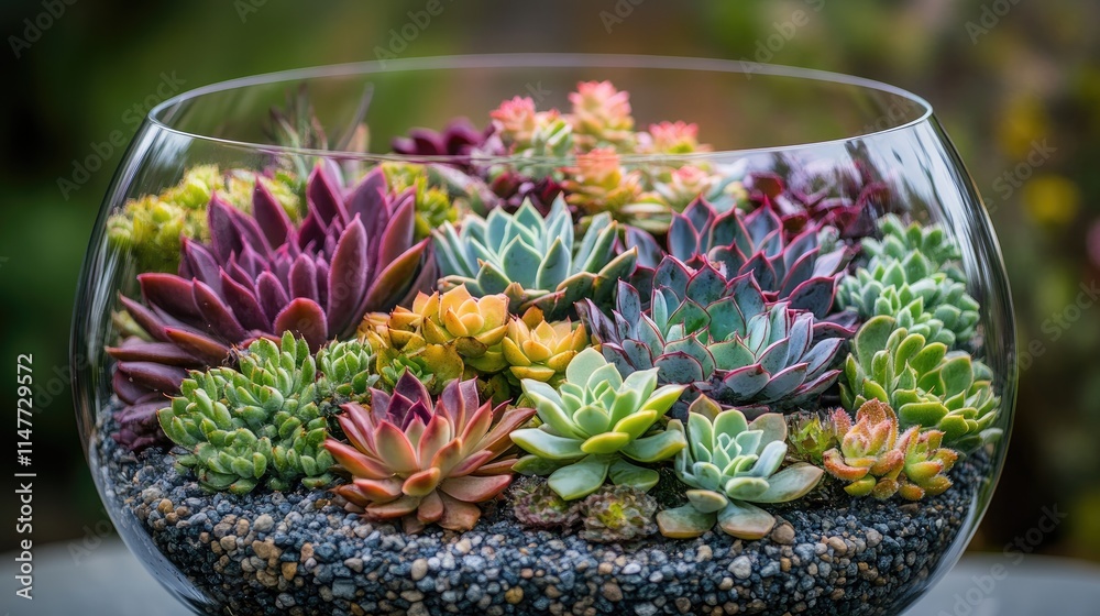Poster a collection of vibrant succulents in various shapes and colors, arranged in a transparent bowl with