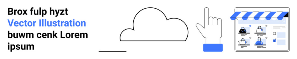 Cloud icon with hanging arrow, pointing finger, shopping cart interface. Ideal for cloud services, online shopping, web interfaces, digital management, technology solutions, interactive tutorials