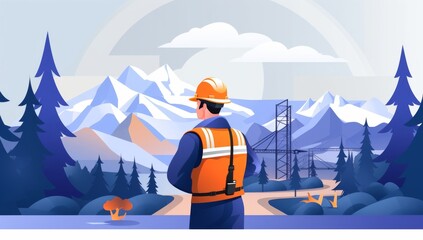 Fototapeta premium Construction Worker Contemplating Majestic Mountain View