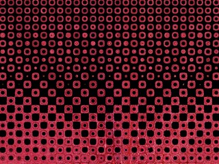 Bold crimson and black geometric pattern background with a halftone effect.