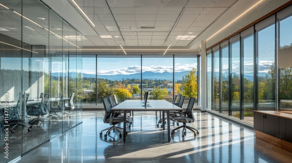 Poster a contemporary office with glass walls and large windows, creating an open and airy space with a pan