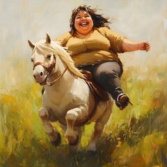 Fototapeta premium A joyful, obese woman riding a little skinny pony, captured in a lighthearted, playful moment.