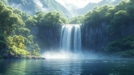 Fototapeta premium Serene waterfall cascades into tranquil lake.