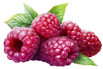 raspberries with green leaves on white background