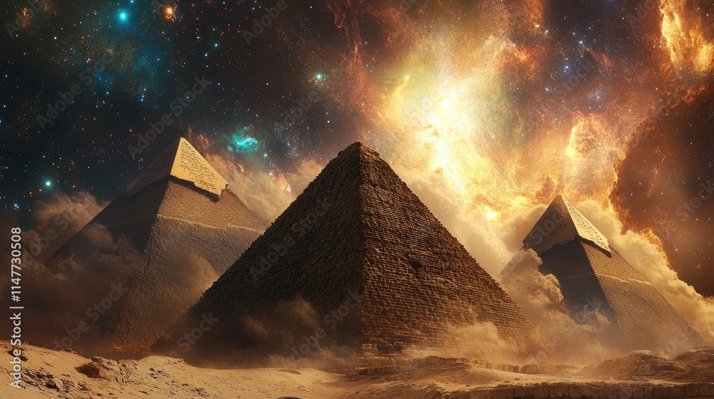Poster a cosmic sky filled with stars and swirling clouds of dust above the pyramids, creating a mystical a