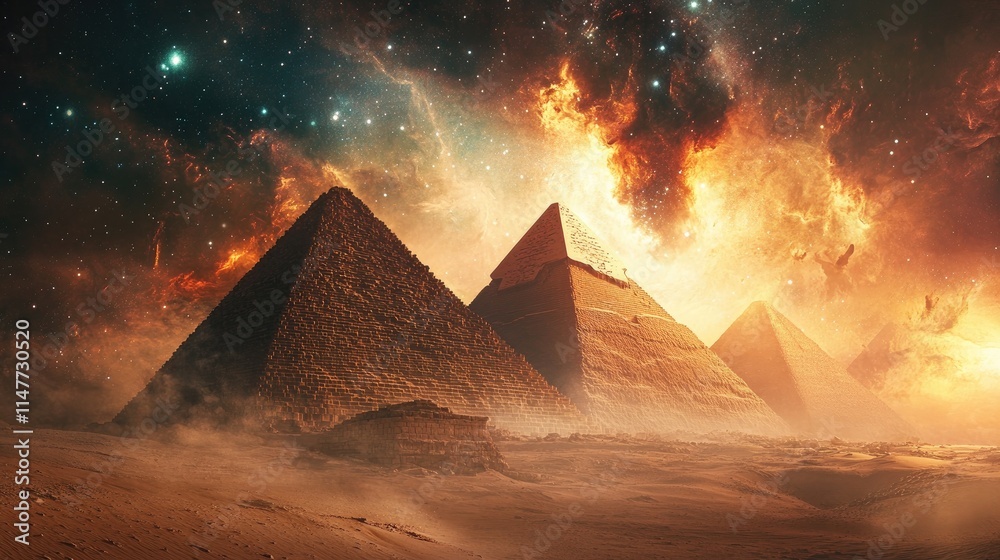 Poster a cosmic sky filled with stars and swirling clouds of dust above the pyramids, creating a mystical a