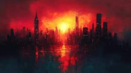 Crimson sunset over fiery cityscape reflection.