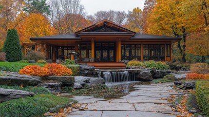 A serene modern house surrounded by colorful autumn foliage and a tranquil water feature.