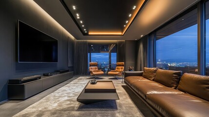 Modern luxury home theater with leather sofa, large screen TV, and city view at night.