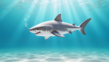 Obraz premium Realistic shark swimming under sunlight in clear ocean water.