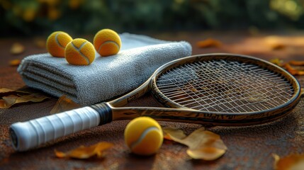 Tennis racket, balls, and towel on autumn leaves.