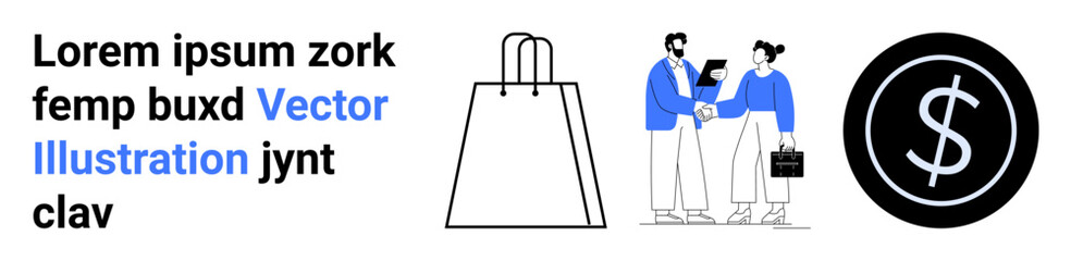 Business professionals handshaking with a shopping bag and money icon representing commerce. Ideal for business, finance, e-commerce, partnerships, teamwork, retail, investment. Landing page