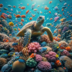 Fototapeta premium Green sea turtle swimming underwater near a coral reef in the tropical ocean surrounded by marine life