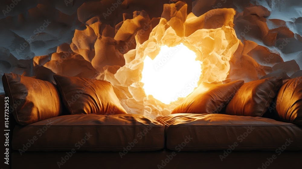 Poster a glowing white hole breaks through the crumpled brown leather of a sofa, illuminating the material 