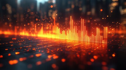 Fototapeta premium Glowing orange digital audio equalizer bars on dark background.
