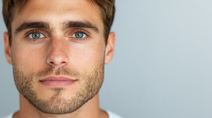 Obraz premium Close-up portrait of a young man with blue eyes and light stubble against a gray background.