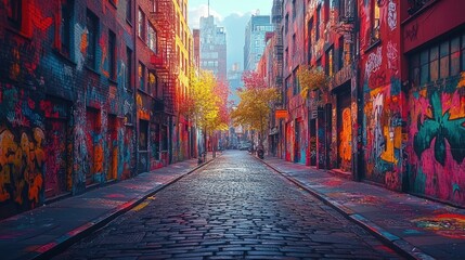 Fototapeta premium Cobblestone alley, vibrant graffiti, urban art.