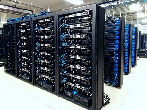 A row of servers in a secure data center, symbolizing the storage of sensitive medical information