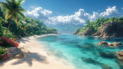 Secluded tropical beach, turquoise water, palm trees.