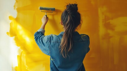 Young Woman Painting Wall with Bright Yellow Color in Modern Room
