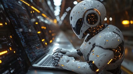 Fototapeta premium Futuristic robot coding on laptop in server room.