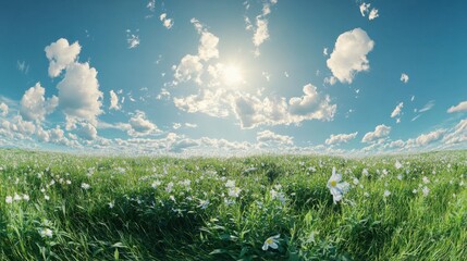 Obraz premium Wide-angle view of a vibrant meadow with deep green grass, set against a bright, sunny sky and cotton-like clouds