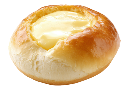 Butter melting on round bread .Transparent background .Isolated PNG