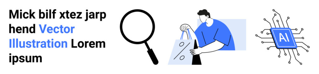 Magnifying glass, man analyzing data in graphs, AI microchip processing information. Ideal for data analysis, research, AI concepts, business intelligence, machine learning, tech development