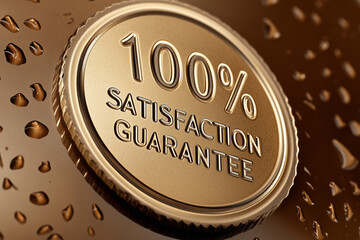 A "100% SATISFACTION GUARANTEE" stamp, with a gold finish, on a clear background with copy space. Gentle spotlighting. Customer reassurance background.