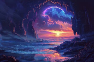 Fototapeta premium A Mystical Sunset Over a Rocky Seascape with a Crescent Moon