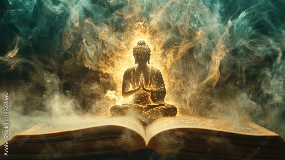 Poster a mystical book with golden rays emanating from its pages, revealing a buddha figure surrounded by s
