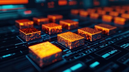 Glowing Orange Blocks on Futuristic Digital Interface Background