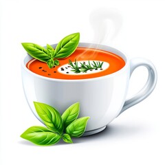 A steaming cup of tomato soup garnished with fresh herbs, surrounded by vibrant green basil leaves, perfect for a comforting meal.