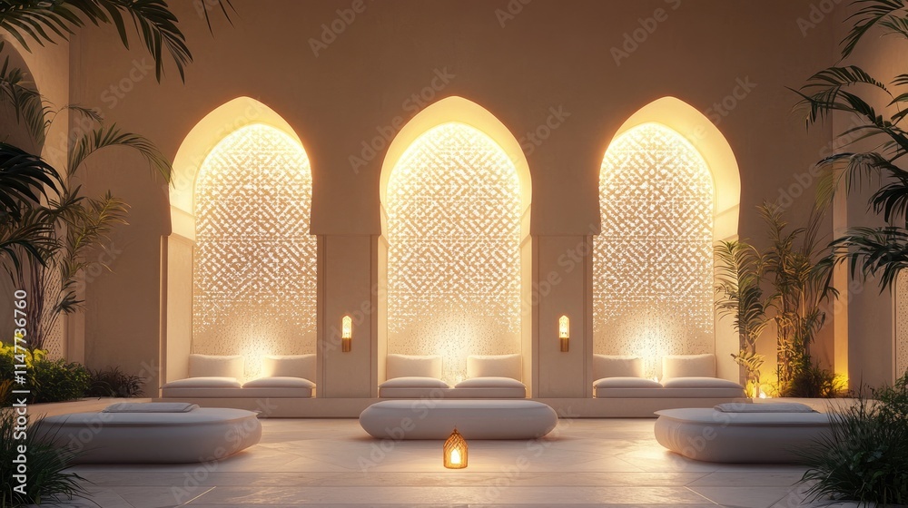 Poster A peaceful interior with soft glowing arches adorned with elaborate patterns, evoking a sense of calm and tranquility.