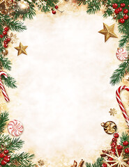 Merry Christmas Festive Border Design with Candy Canes, Stars, and Berries on Vintage Background