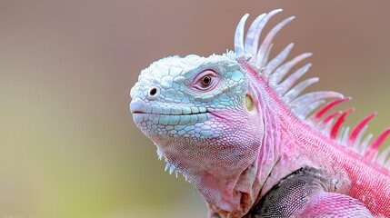 Fototapeta premium Close-up portrait of a fantasy iguana with vibrant pink and cyan scales against a soft blurred background.