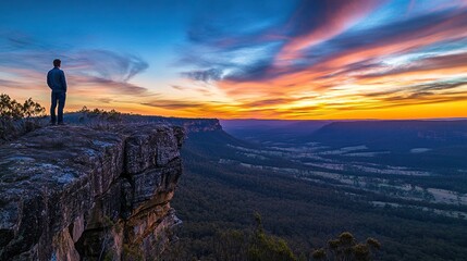 Obraz premium Man on a mountain peak, watching the sunset, with his back to the camera, the sky is orange and blue, symbolizing freedom, success in business and personal life, ideal for book covers or posters.