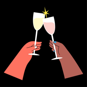 Two hands toasting with Champagne Glasses. Flat vector Illustration.