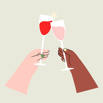 Two hands toasting with Champagne Glasses. Flat vector Illustration.